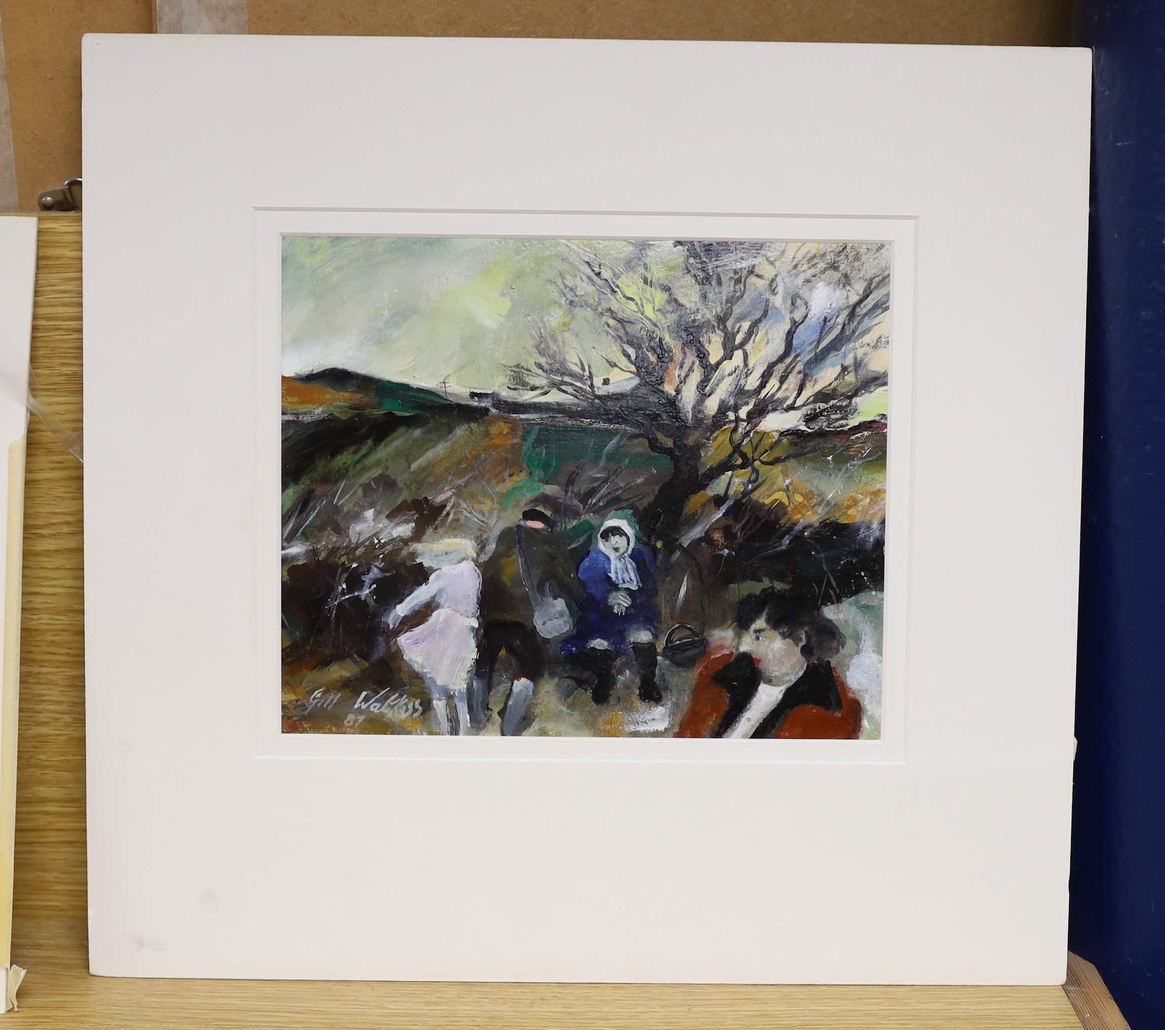 Gill Watkiss (British, b.1938), oil on card, Figures before a windswept landscape, signed and dated '87, 22 x 27cm, mounted, unframed
